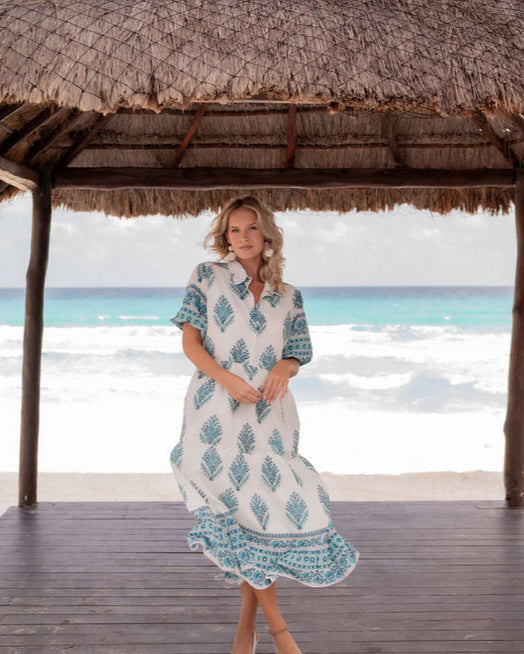 Skye White & Turquoise Midi Shirt Dress