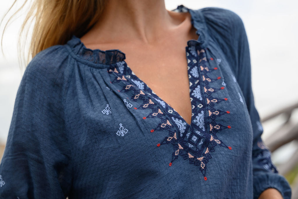 Comporta Embroidered Slate Blue Blouse – Genhappy