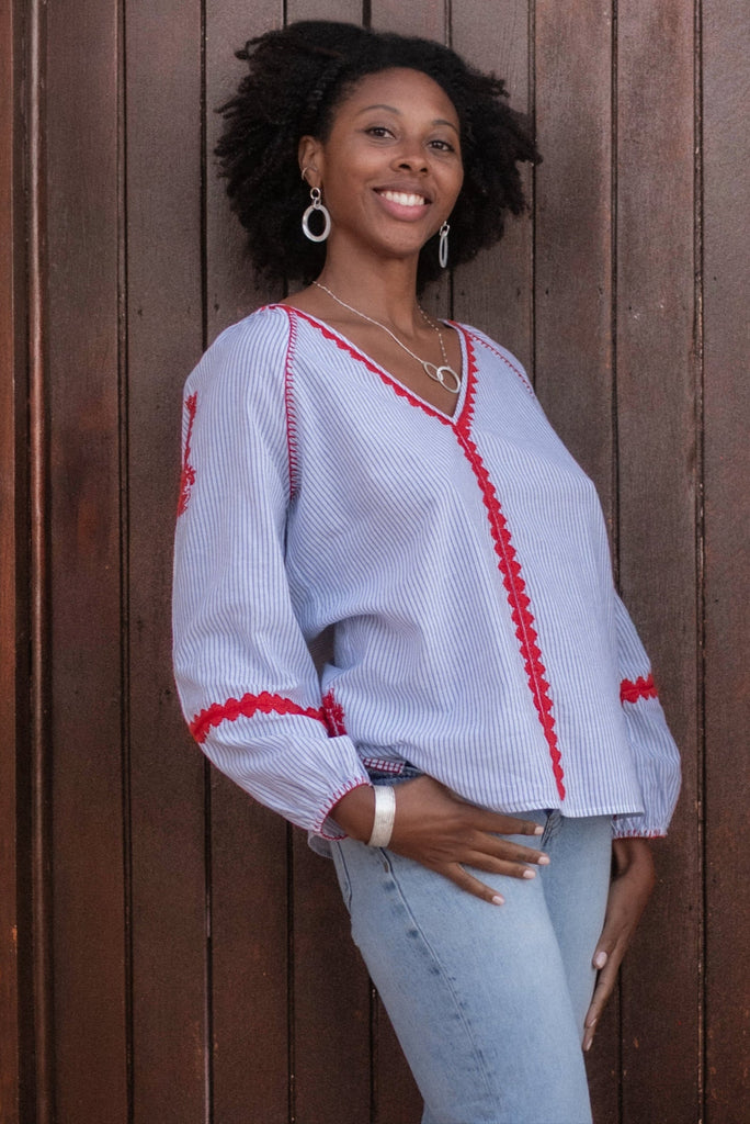 Harborview Stripe Blouse with Hand Embroidery – Genhappy